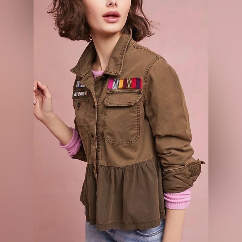 Anthropologie Olive Utility Jacket Pink Accents Peplum Military Jacket Size XS